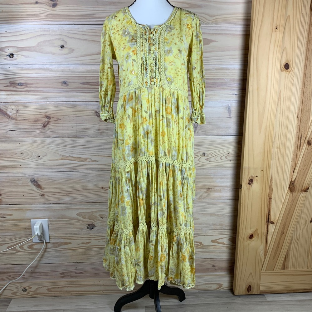 Cottage Floral Midi Dress‎ Women 42 Yellow Boho Tiered Crochet Beaded Flowers